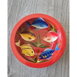 Vintage Vibrant Mexican Lacquered Wood Bowl Hand Painted Art Fish